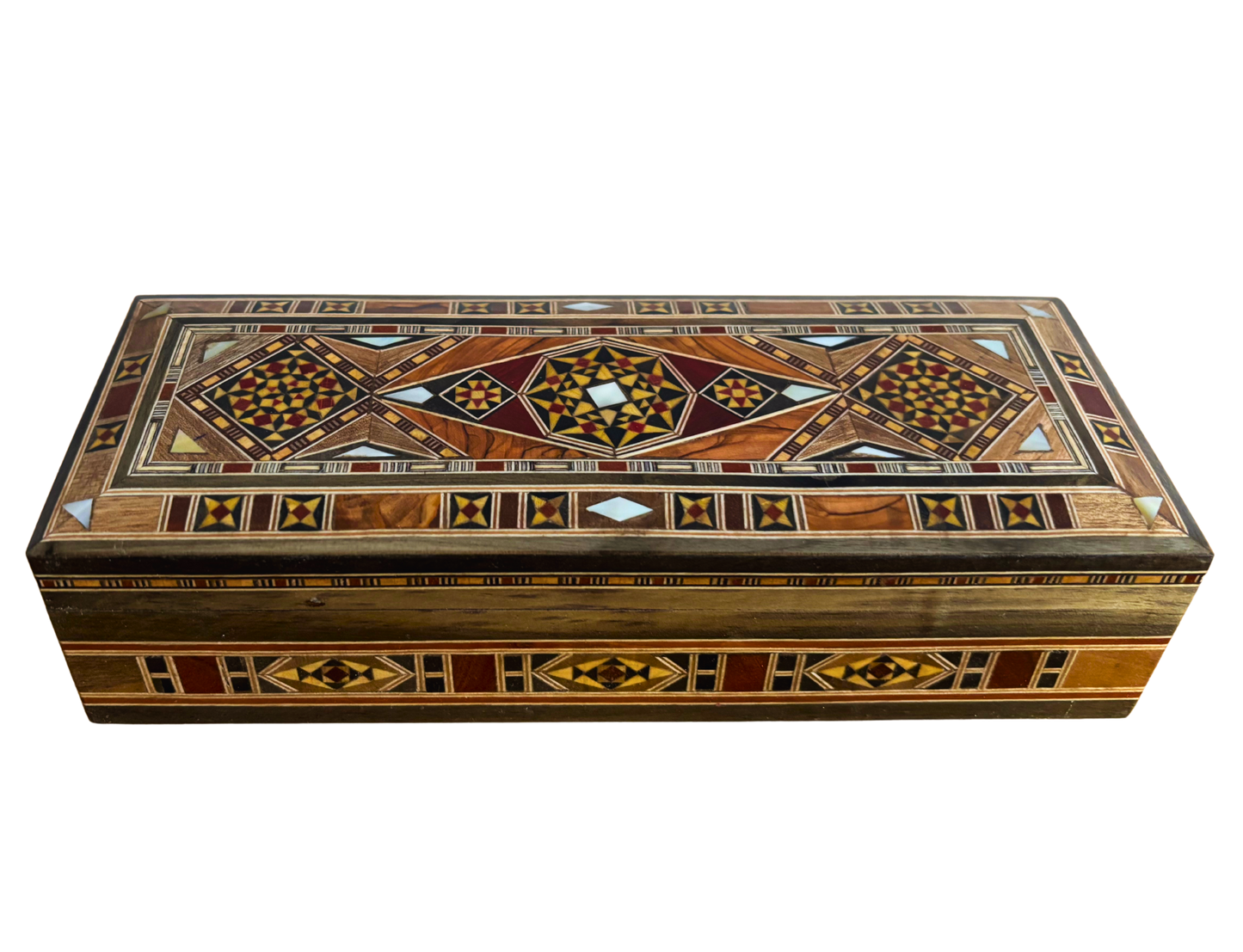Langwerpige handgemaakte Damascene mozaïekdoos voor pennen en sieraden, parelmoer ingelegd, Syrisch oosters vakmanschap