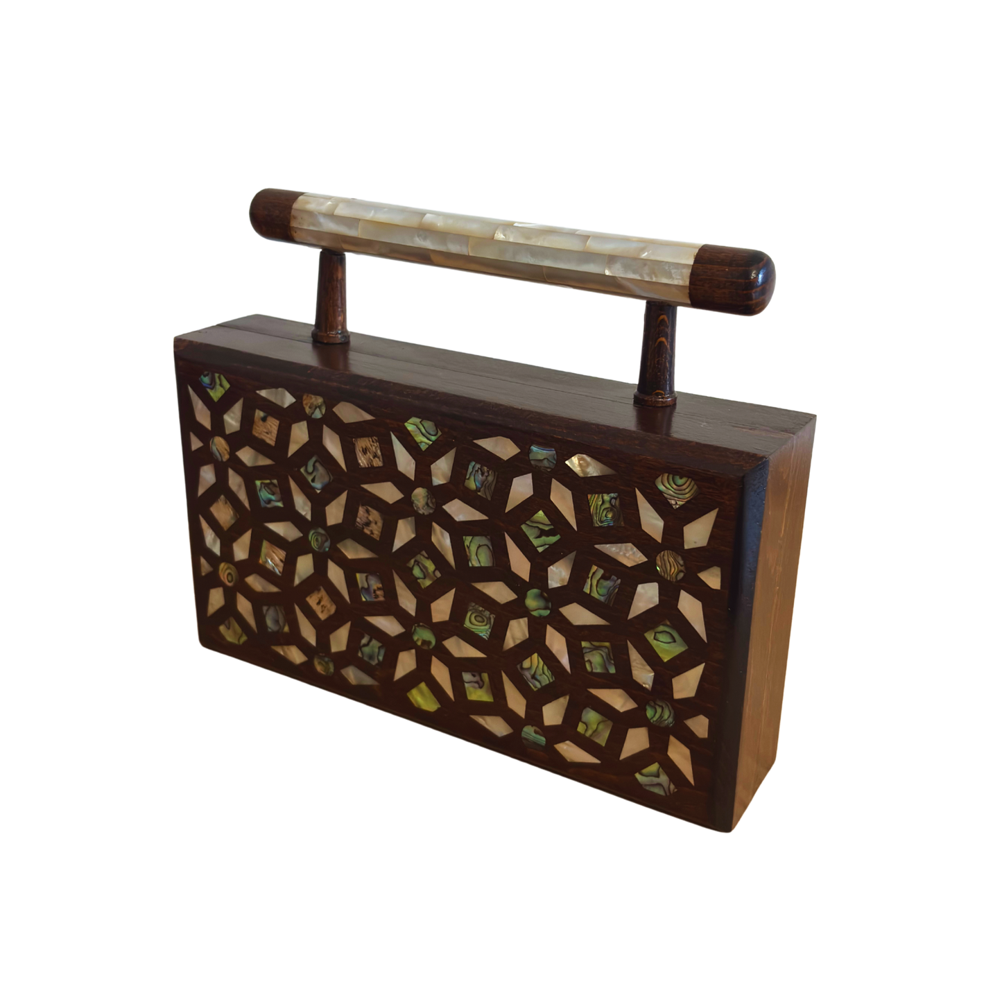 O Jardim dos Segredos – Bolsa Damasquina de Nogueira com Madrepérola Geométrica e Botânica