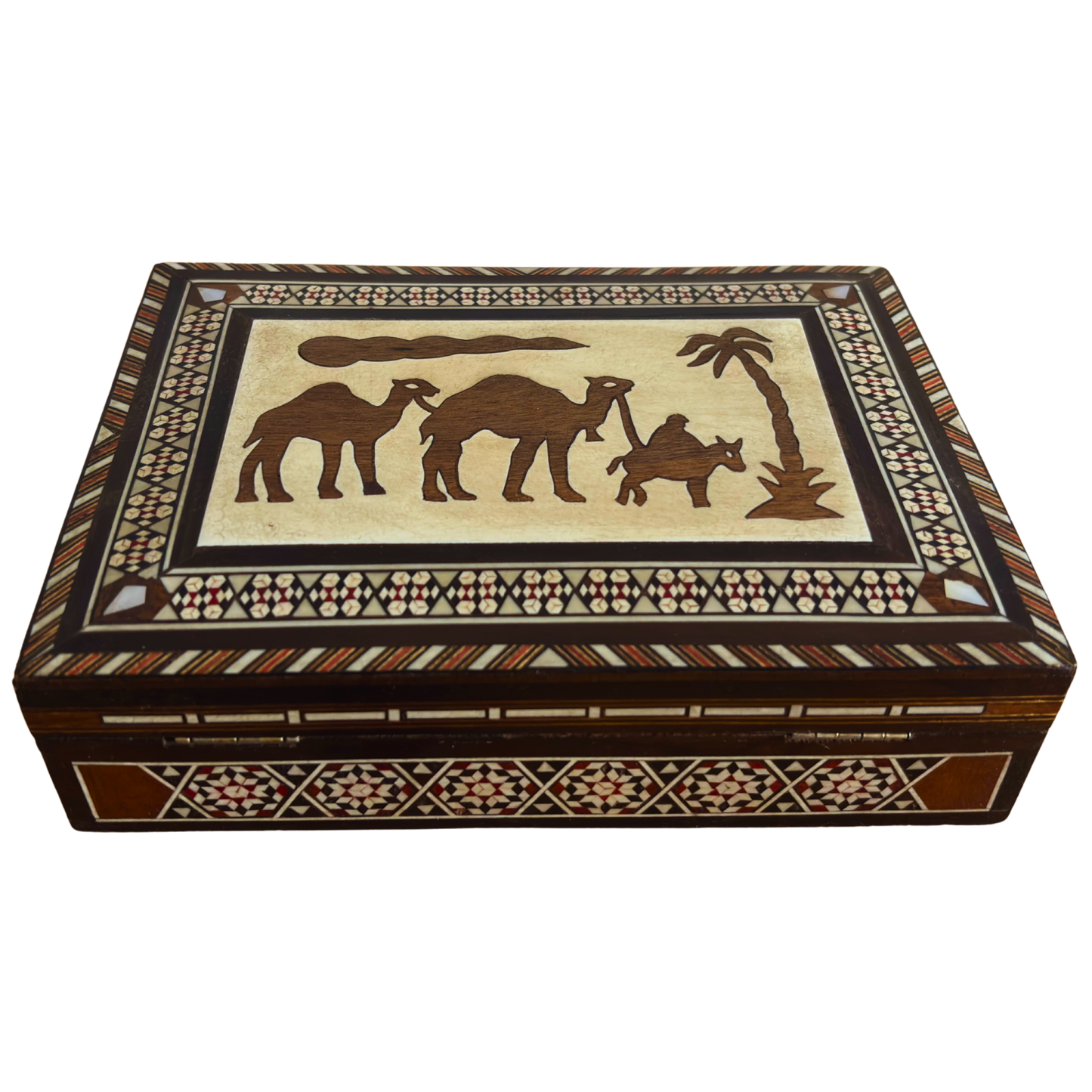 Medium 1970 Vintage Camel Damascene Mosaic Box