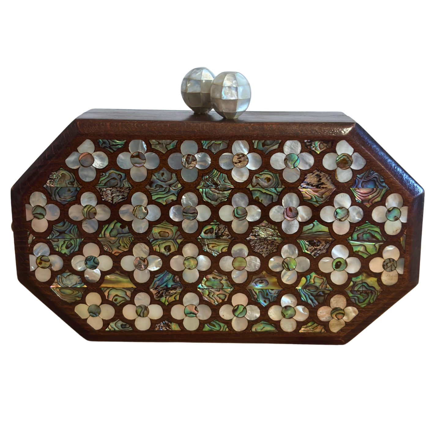 Het Gefluister van Rozen – Handgemaakte Damascener Clutch van Notenhout met Parelmoerroos en Parelketting