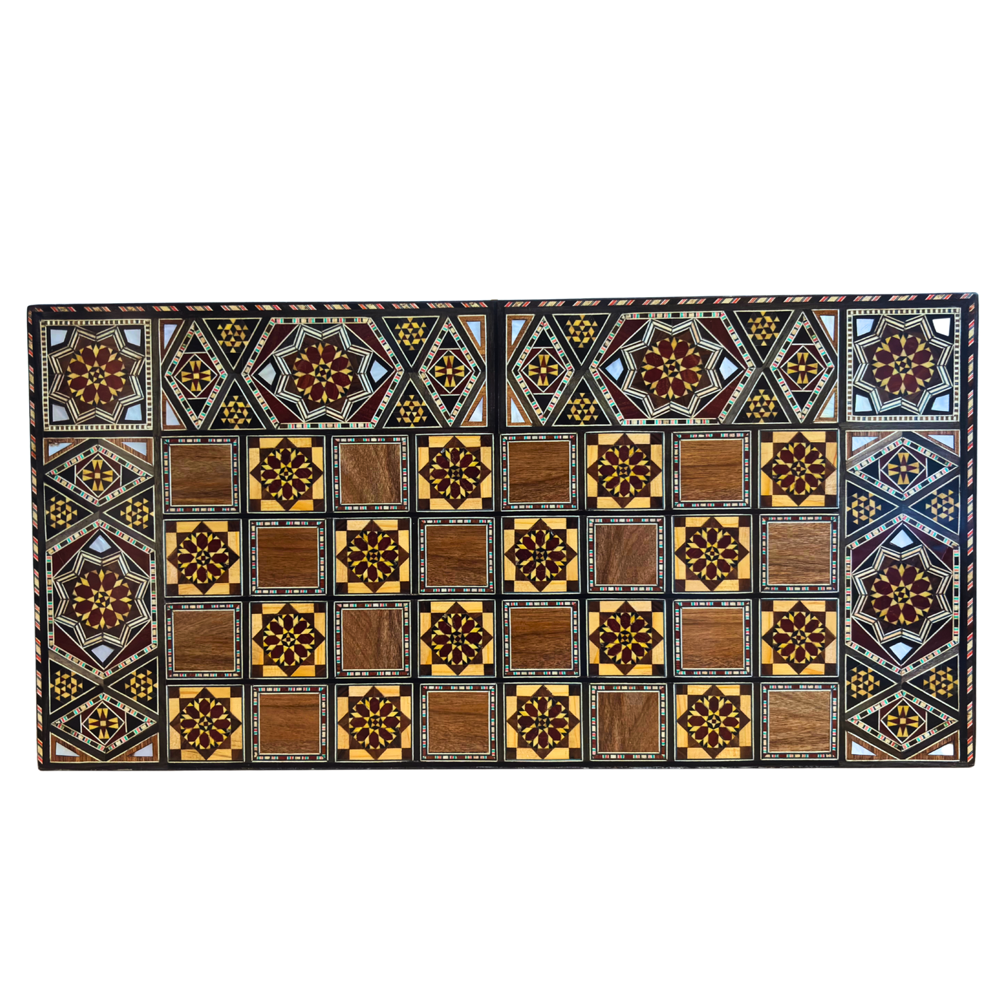 Handgemaakte Damascener Backgammon- & Schaaktafel door Gaby Al Dayeh – Meesterwerk met Parelmoerinleg