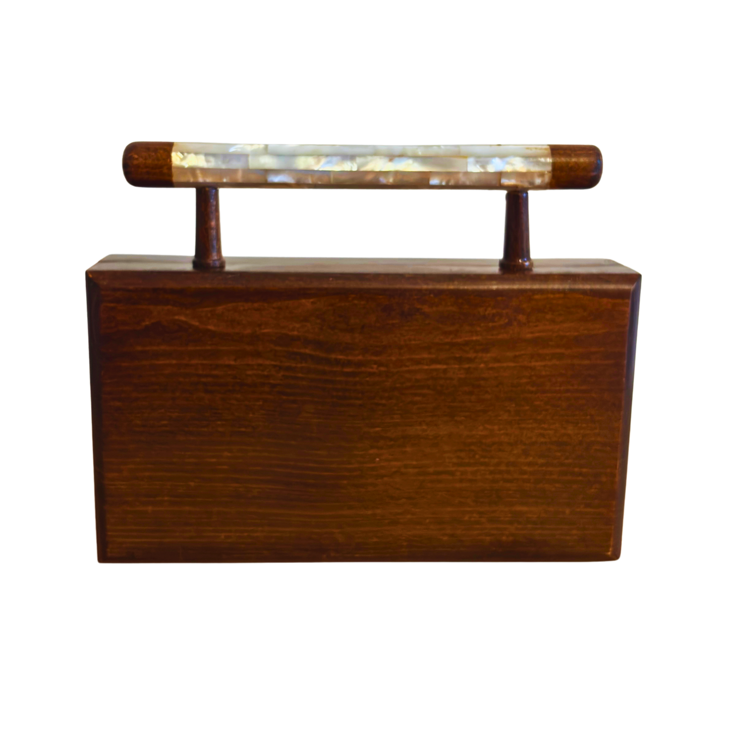 Zenobia – Luxe Damascene Clutch in Notenhout met Parelmoer Inleg & Brokaat Voering