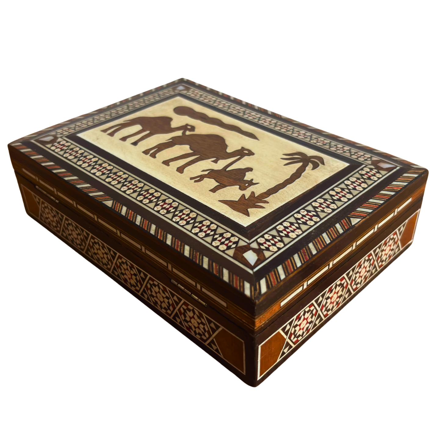 Medium 1970 Vintage Camel Damascene Mosaic Box
