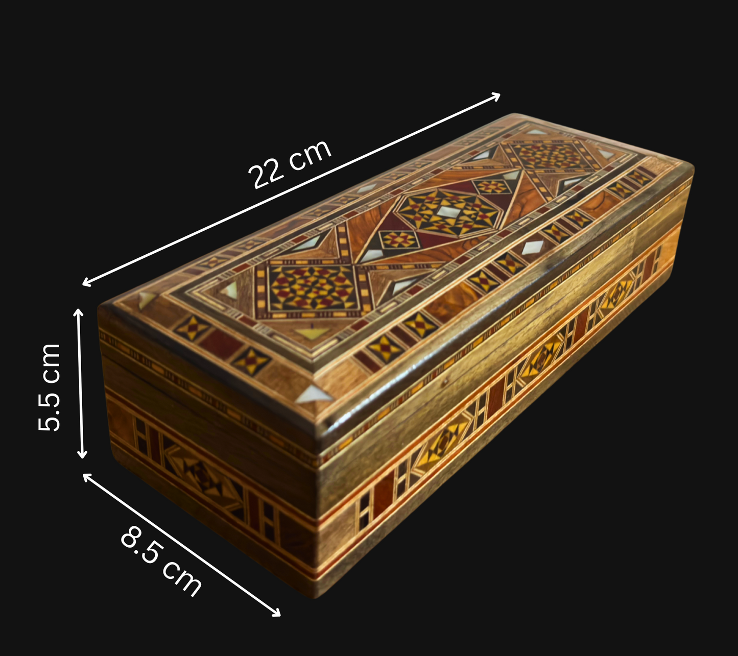 Langwerpige handgemaakte Damascene mozaïekdoos voor pennen en sieraden, parelmoer ingelegd, Syrisch oosters vakmanschap
