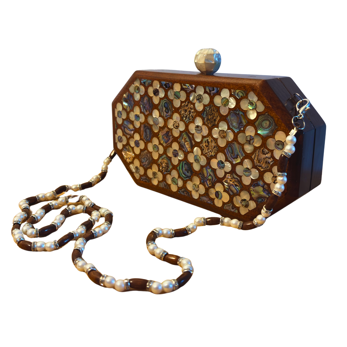 Jouri – Lüks Şam El Çantası, Gül Motifli Sedef İşleme & İnci Tesbih Zinciri