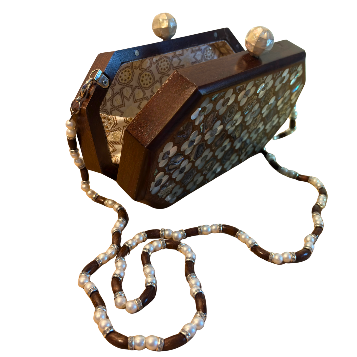 Jouri – Lüks Şam El Çantası, Gül Motifli Sedef İşleme & İnci Tesbih Zinciri