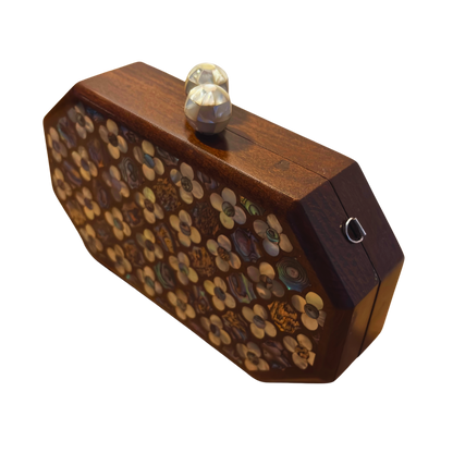 Jouri – Lüks Şam El Çantası, Gül Motifli Sedef İşleme & İnci Tesbih Zinciri