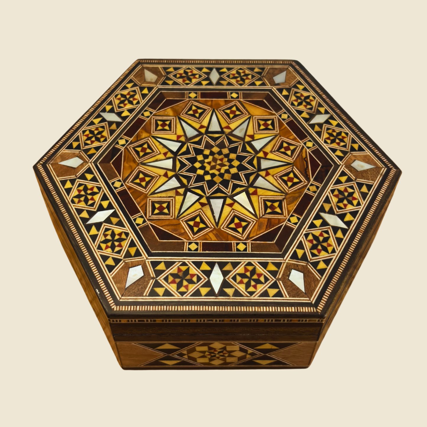 Handcrafted Damascene Mosaic Box – Mother of Pearl & Velvet Elegance