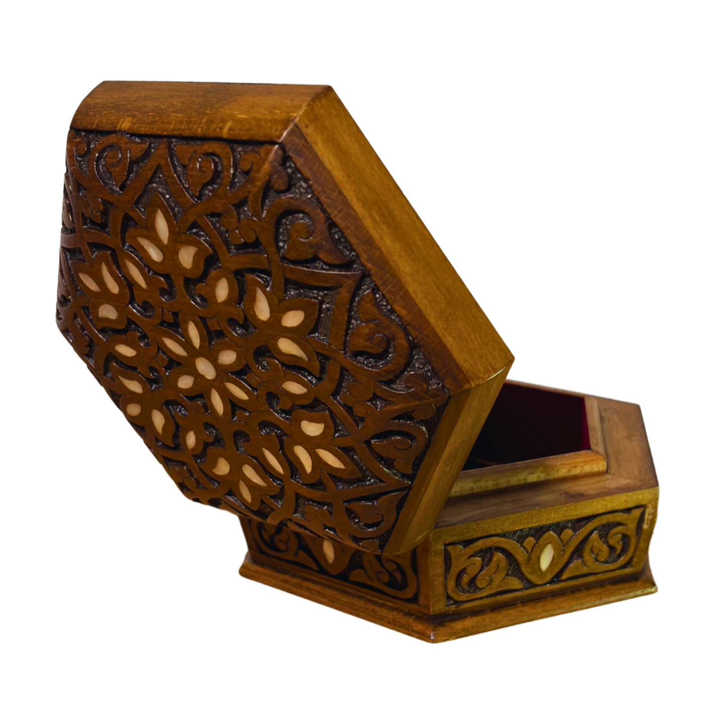 Luksusowa Ręcznie Rzeźbiona Szkatułka z Damaszku – Masa Perłowa & Aksamit