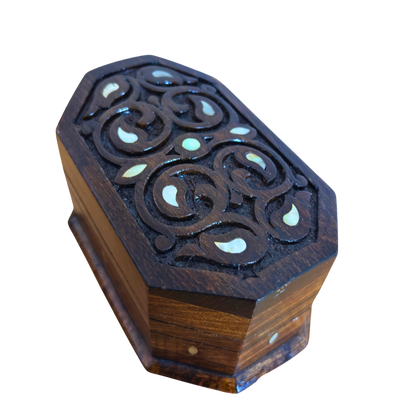 Hand-Carved Beechwood Box with Mother of Pearl Inlay – Walnut Finish Elegance