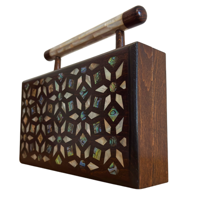 The Garden of Secrets – Handcrafted Damascene Walnut Clutch with Geometric & Botanical Mother of Pearl Inlay
